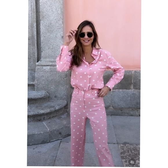 Zara 2 pcs linen blend polka dot shirt + pants set - Picture 5 of 8